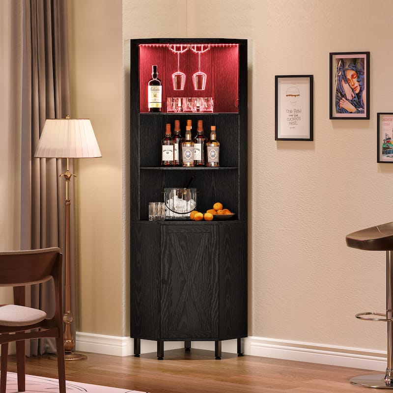 5 Tiers Corner Bar Cabinet Wine Rack Display Shelves with LED Lights and Glass Holder
