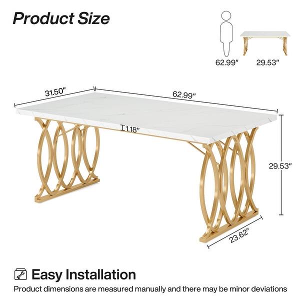 Modern Dining Table for 4-6 People, 63" Large Kitchen Table with Faux Marble Tabletop