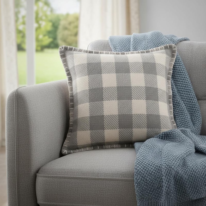 20" X 20" Light Gray And Ivory Polyester Plaid Zippered Pillow - Polyester - Single - 20.00 in. x 20.00 in.  x 4.00 in. - Pillow Sets - Gray/Ivory