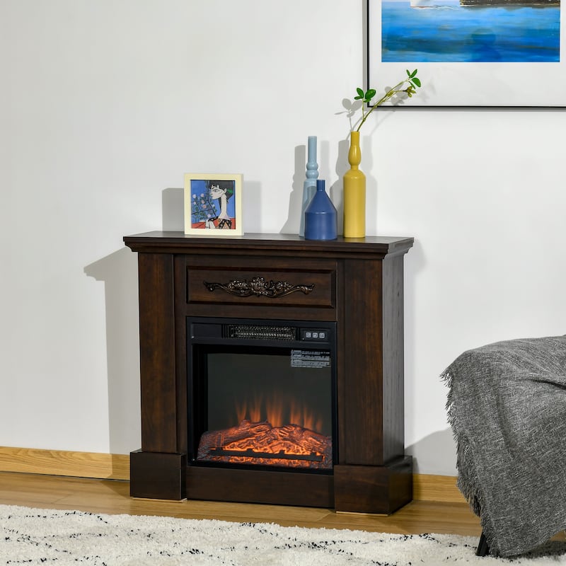 HOMCOM Electric Fireplace with Mantel, Freestanding Heater Corner Firebox with Log Hearth and Remote Control, 1400W - Brown