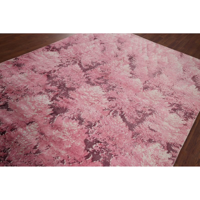 All-Over Modern Pink Abstract Indian Area Rug Hand-Knotted Wool Carpet - 5'11"x 8'11"
