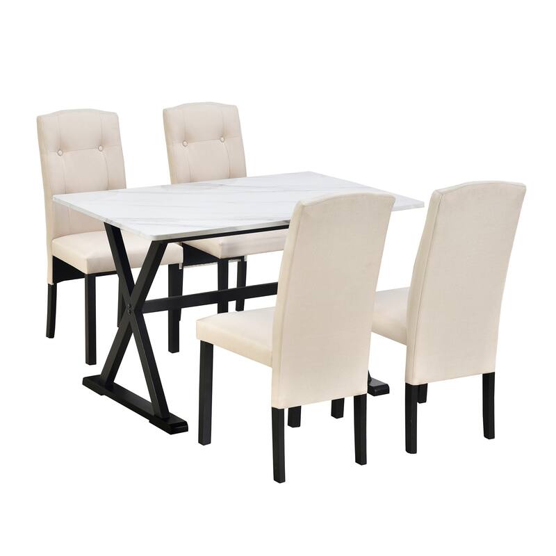 MidCentury 5Piece Wood Dining Table Set with Marble Tabletop and