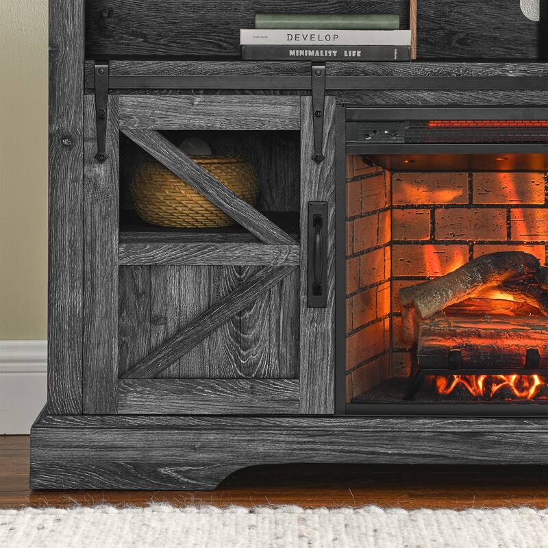 60" Entertainment Center with 1500W Electric Fireplace, Door Sensor, Infrared Remote, and Storage for TVs up to 70"