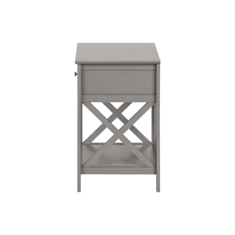 Accent Table, End, Side Table, 2 Tier, Bedroom, Nightstand, Lamp, Storage Drawer, Antique Grey Veneer, Transitional