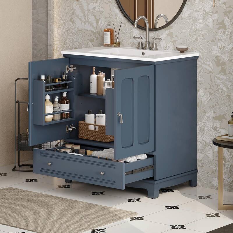 30" Bathroom Vanity with Ceramic Sink - Solid Wood Frame Bathroom Sink Cabinet with Adjustable Shelf