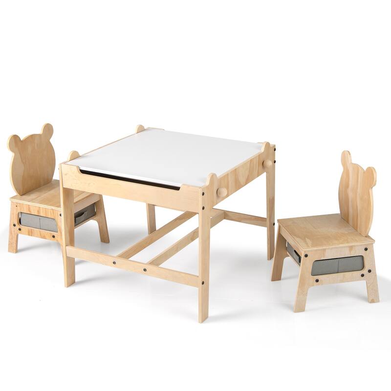 Natural Wood Kids Activity Table and Chairs Set with Storage Drawers - 23.5" x 23.5" x 19.5" (L x W x H) - Panda