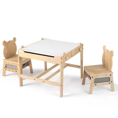 Natural Wood Kids Activity Table and Chairs Set with Storage Drawers - 23.5" x 23.5" x 19.5" (L x W x H)