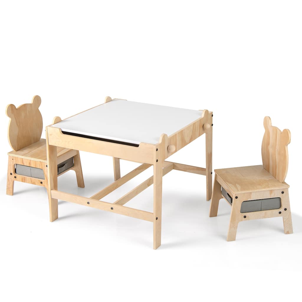 Natural Wood Kids Activity Table and Chairs Set with Storage Drawers - 23.5" x 23.5" x 19.5" (L x W x H)