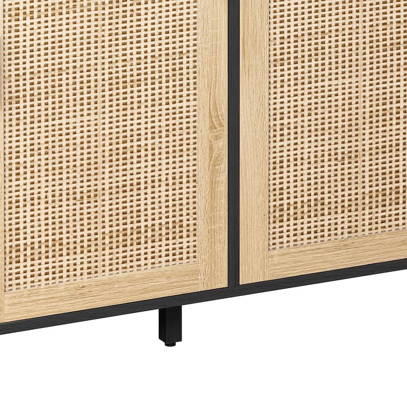 62.20" Modern Rattan Decorative Storage Cabinet with Solid Wood Legs, 4 Doors, Adjustable Shelves Versatile for Home and Office