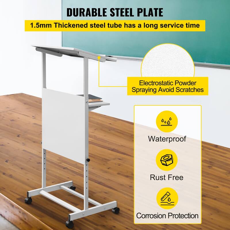 Stand Up Lectern, Height Adjustment Portable Pulpit, Lectern Podium with 4 Rolling Casters, Lower Storage Shelf