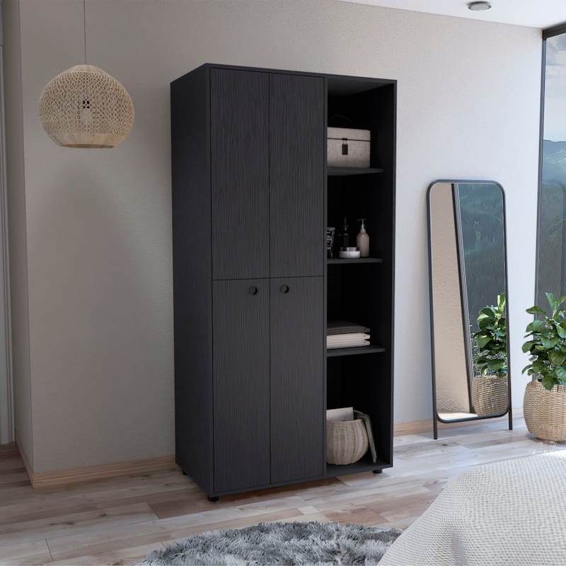 35.4" Modern Double-door Armoire with Hanging Rod, Drawer and Open Shelves for Bedroom - Black