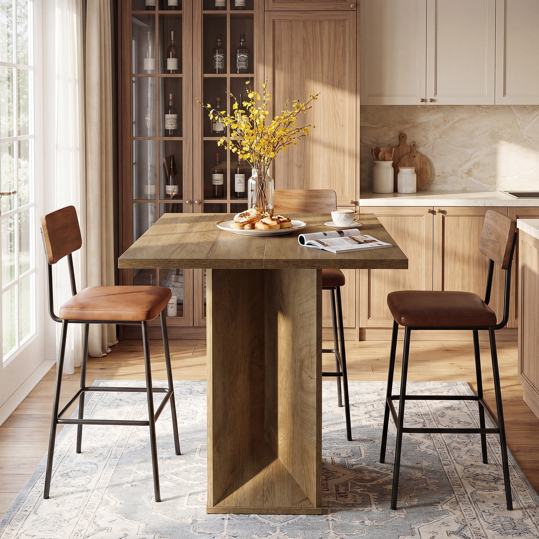 31.5" Square Counter Height Dining Table, Geometric Single Pedestal