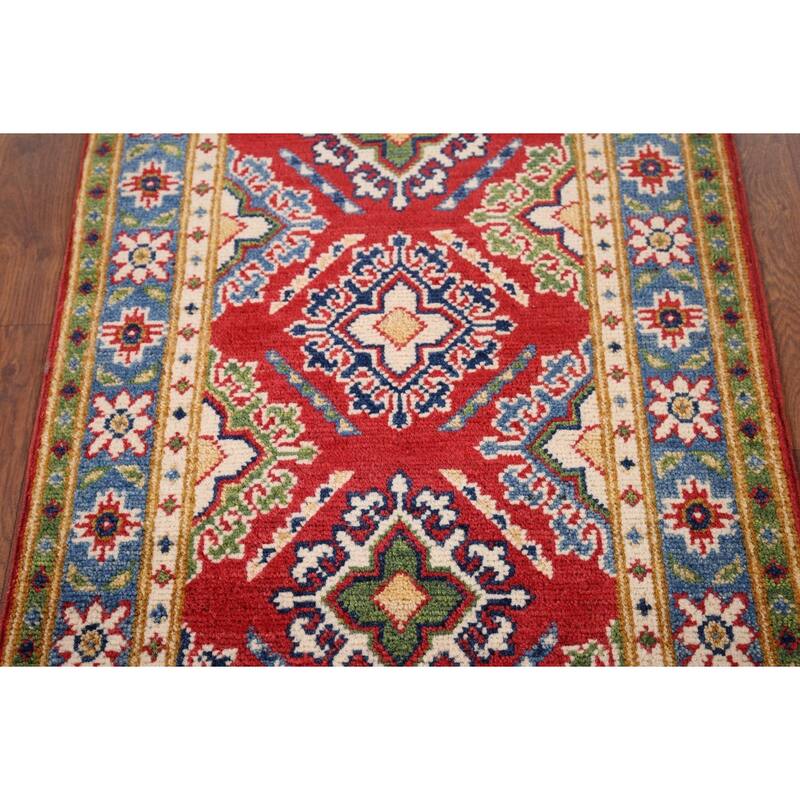Hand Knotted Oriental 100% Wool Carpet Traditional Geometric Red Kazak Area Rug - 3' 0'' X 1' 10''