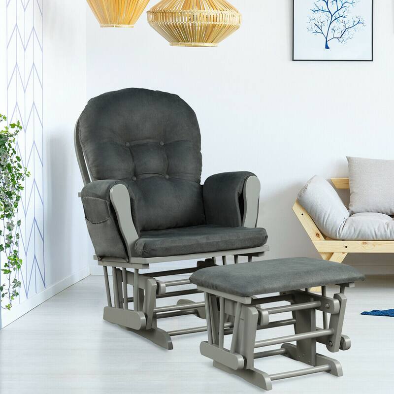 Gymax Glider and Ottoman Cushion Set Wood Baby Nursery Rocking Chair
