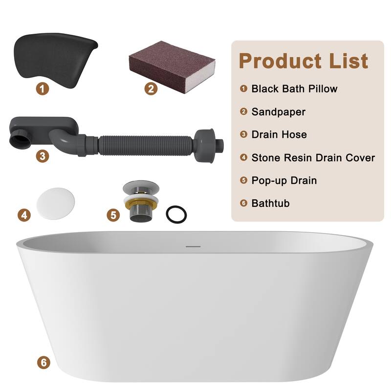 CASAINC Resin Stone Solid Surface Soaking Stand Alone Bathtub Freestanding Bathtub in Matte White