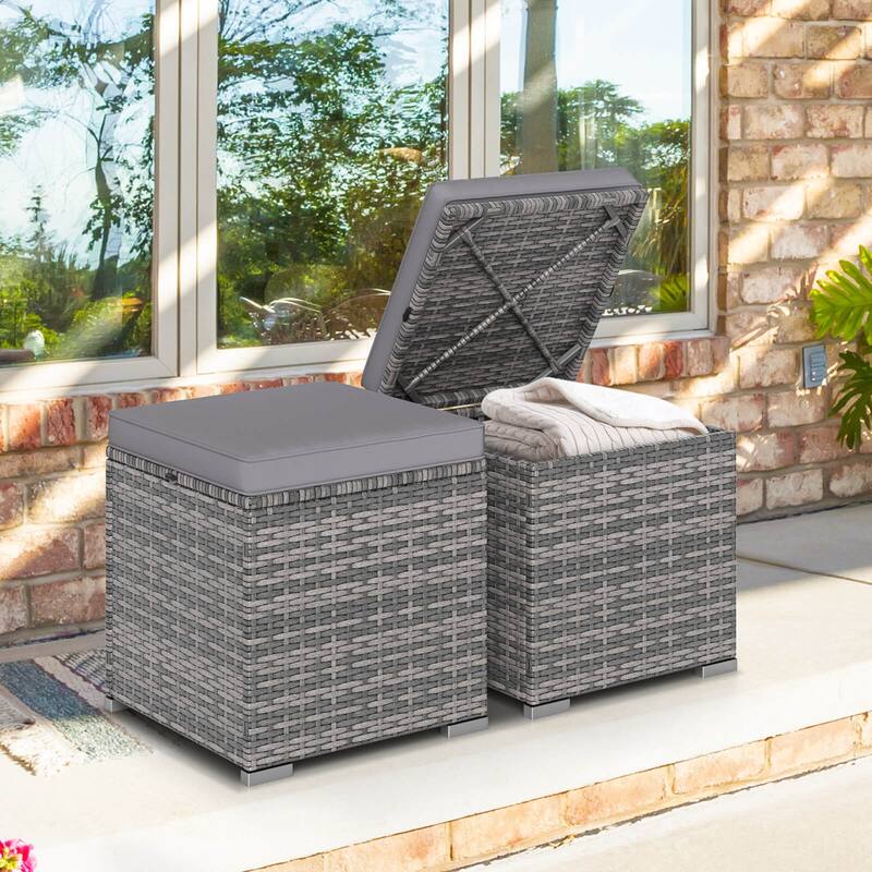Costway 2PCS Patio Rattan Ottomans Seat Side Table Storage Box - See Details - Gray+Gray