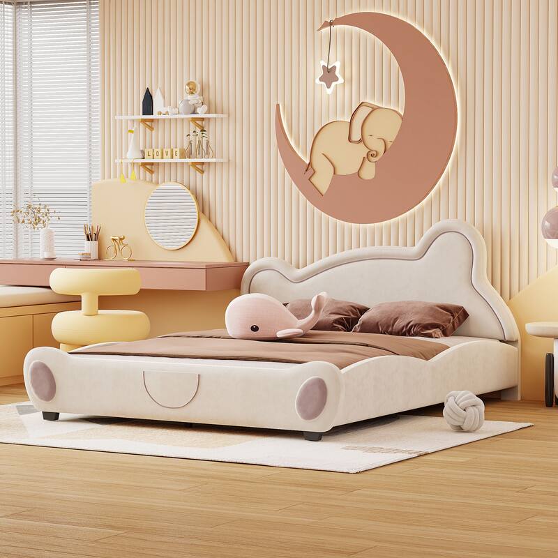 Velvet Bed with Bear-Shaped Headboard & Storage Pocket