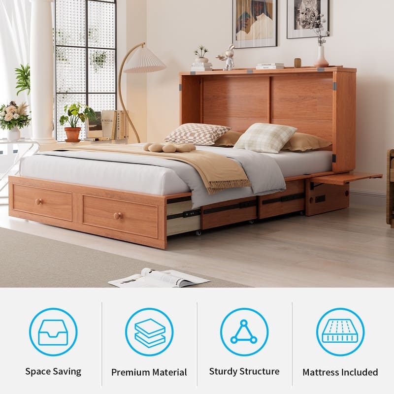 Mixoy Modern Queen Murphy Bed Chest with Foldable Mattress and USB ports