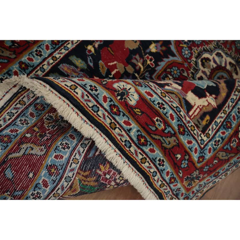 Hand Knotted Oriental 100% Wool Carpet Traditional Floral Navy Blue & Blues Kashan Area Rug - 4' 11'' X 3' 6''