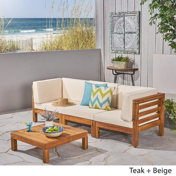 Oana Outdoor 3Seater Acacia Wood Sectional Sofa Set with Coffee Table