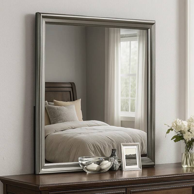 Modern Dresser Mirror, Dark Gray, Square 38 Inch Solid Wood Frame - Dark Gray