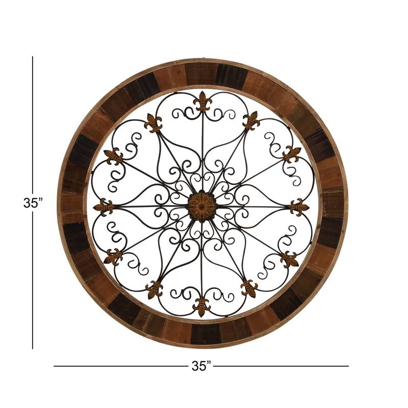 Brown Wood Medallion Scroll Home Wall Decor with Metal Fleur-De-Lis Detail