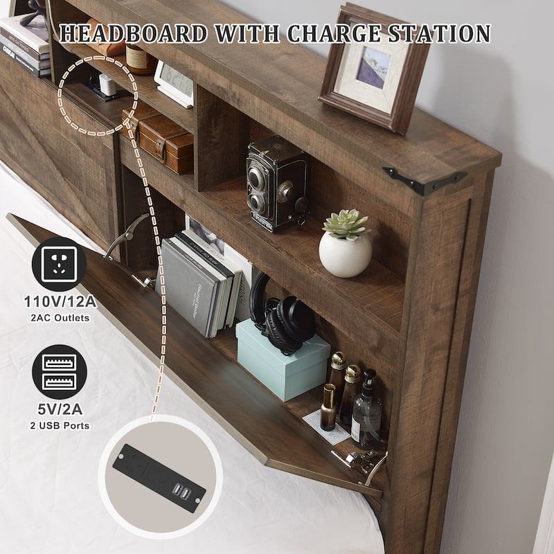 Farmhouse King Size Wood Bed Frame with Storage Headboard and Drawers