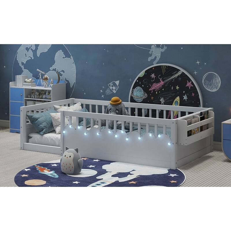 Montessori Floor Bed Frame with with Light and Storage Shelf