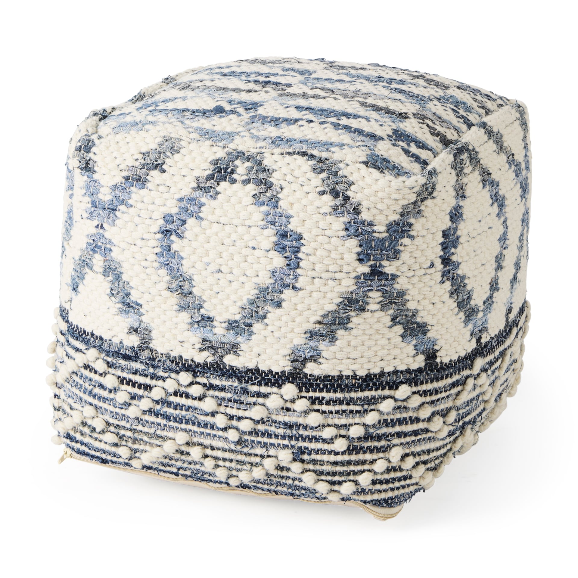 Mercana "Eshana" Cream Patterned Wool & Denim Square Pouf