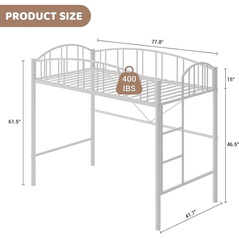 Space-Saving Twin Metal Loft Bed Frame, Safety Ladder, No Box Spring Needed