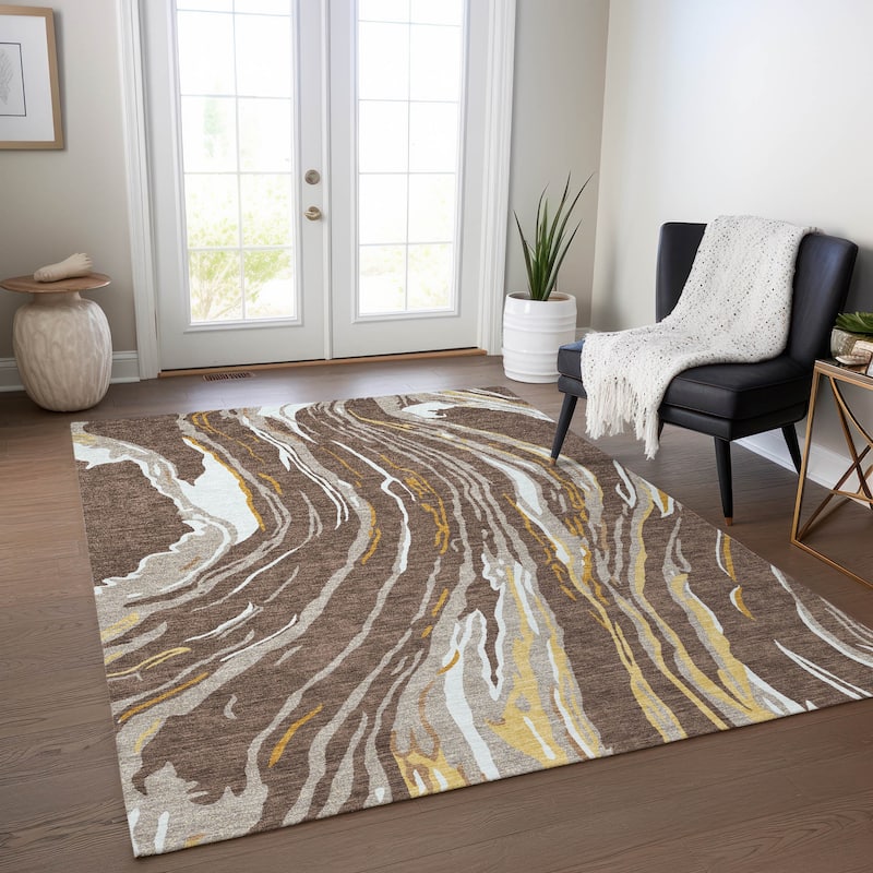 Machine Washable Indoor/ Outdoor Modern Wave Chantille Rug - Brown - 5' x 7'6"