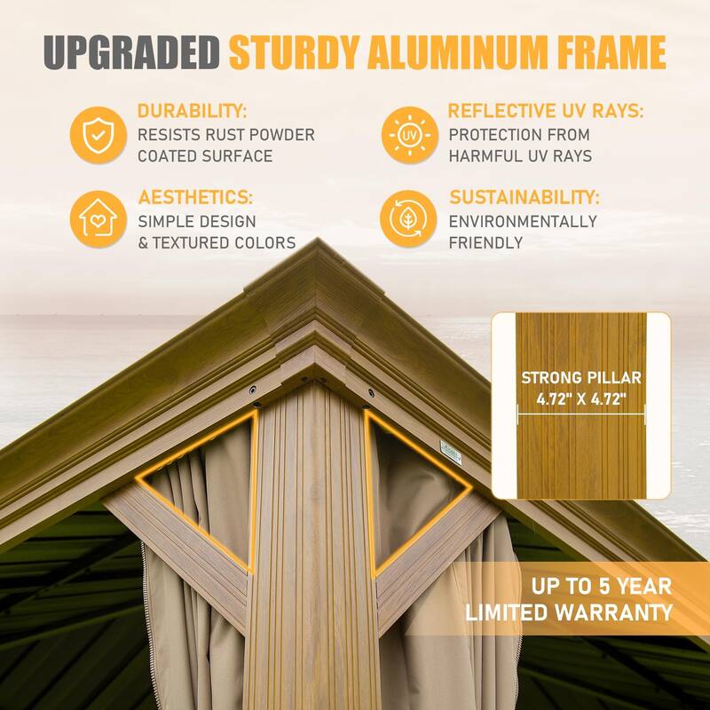 GDFStudio - Terry Outdoor Aluminum Hardtop Gazebo with Galvanized Steel Double Roof, Curtains & Netting