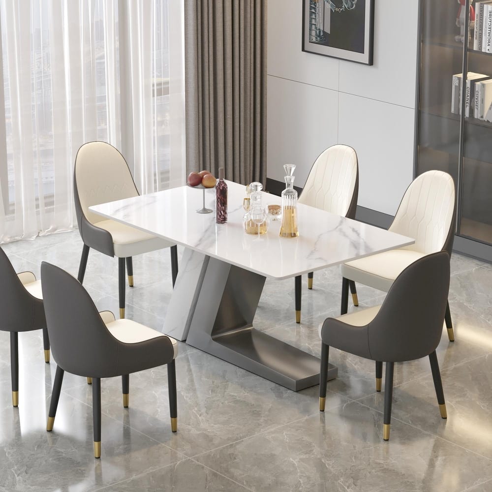 Modern Slate Kitchen Dining Table with White Rectangle Sintered Stone Top and Metal Legs -- 63''/71''/79''