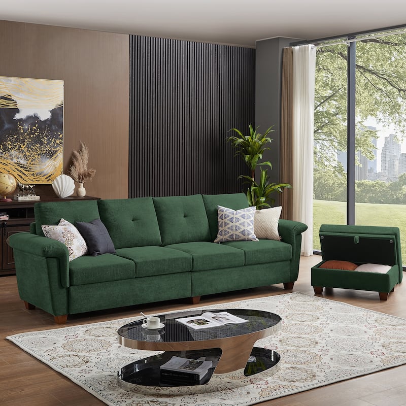 109" Modern 4 Seaters Towelling Sectional Sofa with Hidden Coffee Table Adjustable Headrest and Large Storage Space