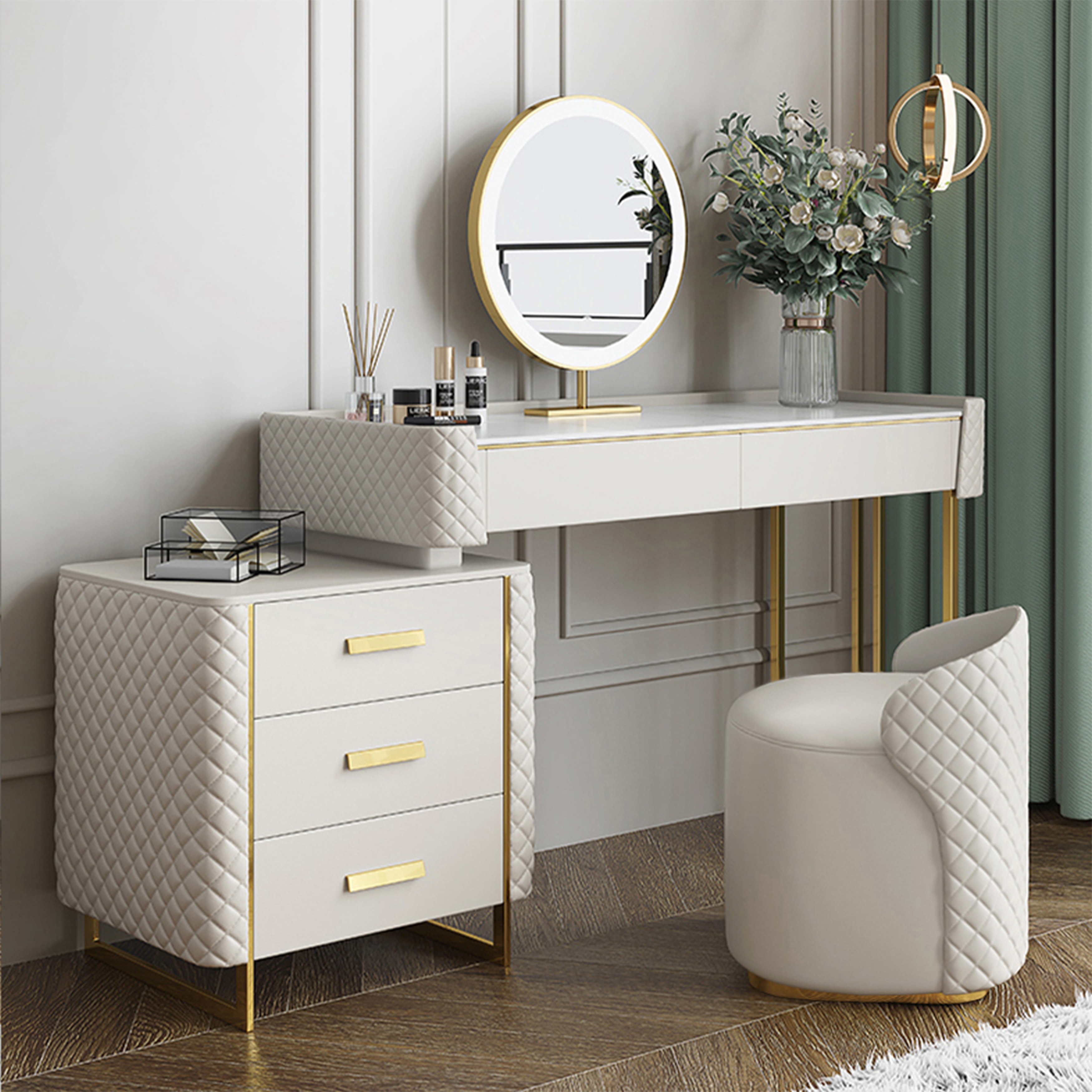 Luxury Makeup Vanity Dressing Table Set with Side Cabinet LED Lighted Mirror 5 Drawers Stool