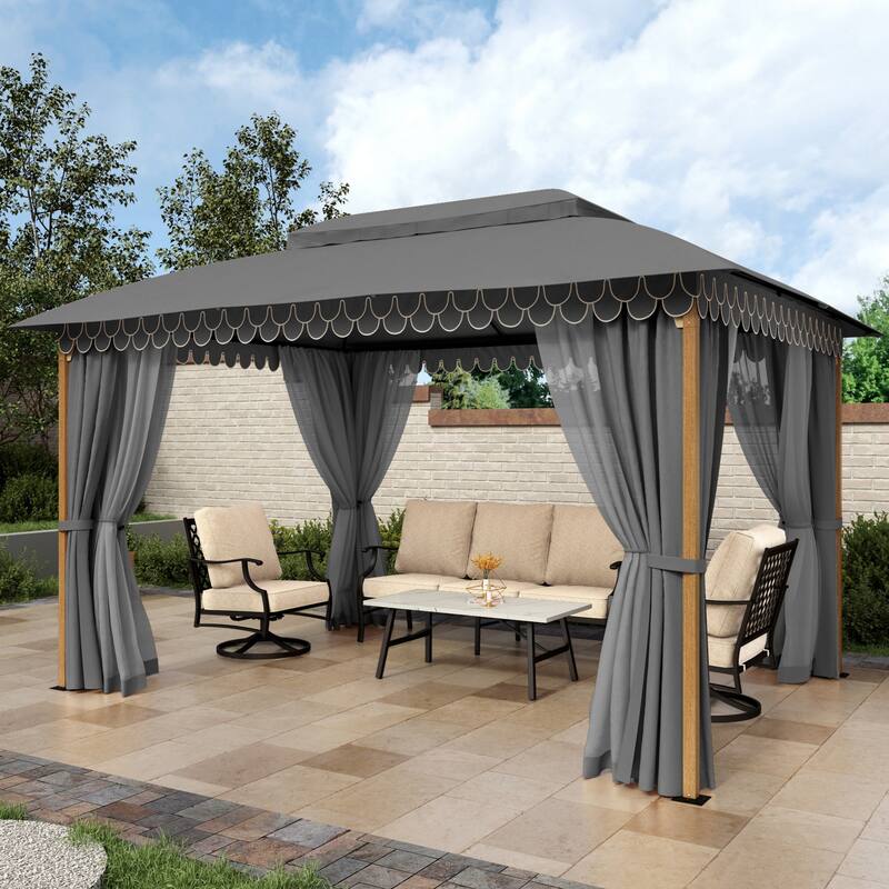 10 x13 ft Patio Gazebo Heavy Duty Metal Frame Canopy Tent with Double Roof & Mosquito Netting - Grey
