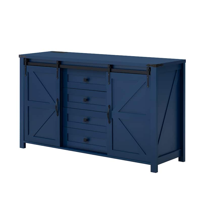 Sideboard with Sliding Barn Doors & 4 Storage Drawers, Wood Buffet Cabinet Table with Power Outlet & Adjustable Shelves