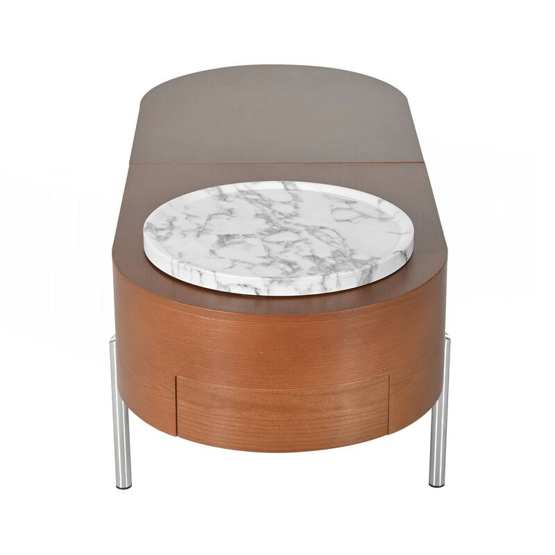 Lift Top Coffee Table with 360-degree Marble-patterned rotating tray