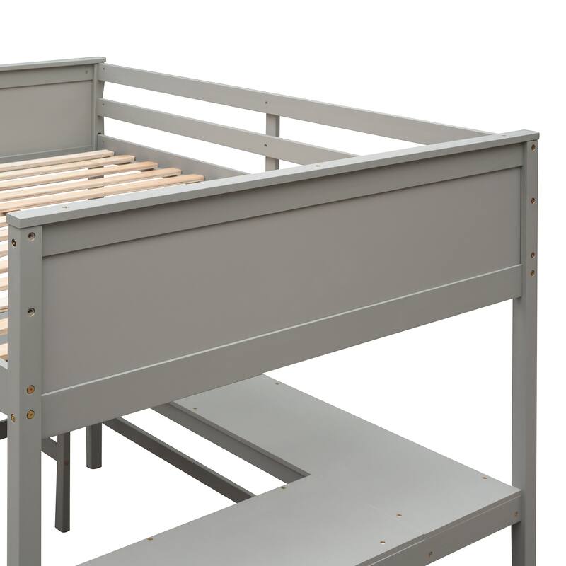 Full Pine Loft Bed with Desk, Shelves, and Guardrails
