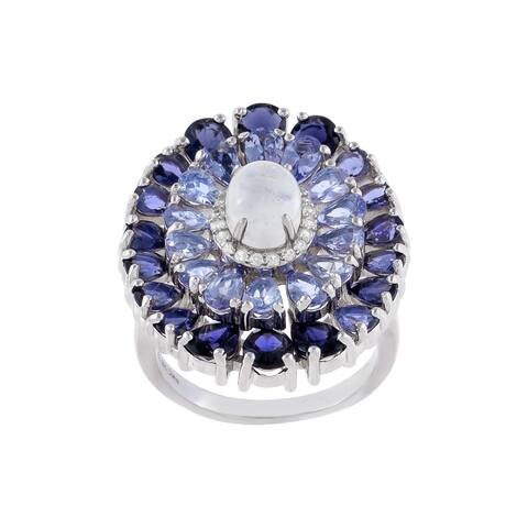 Oval-Cut Moonstone Center With Cluster Tanzanite Ring, Sterling Silver