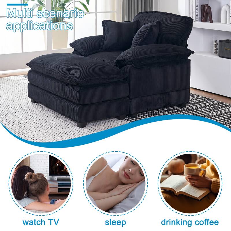 Corduroy Single Sofa Sets with Ottoman and 2 Toss Pillows, Deep Seat Design