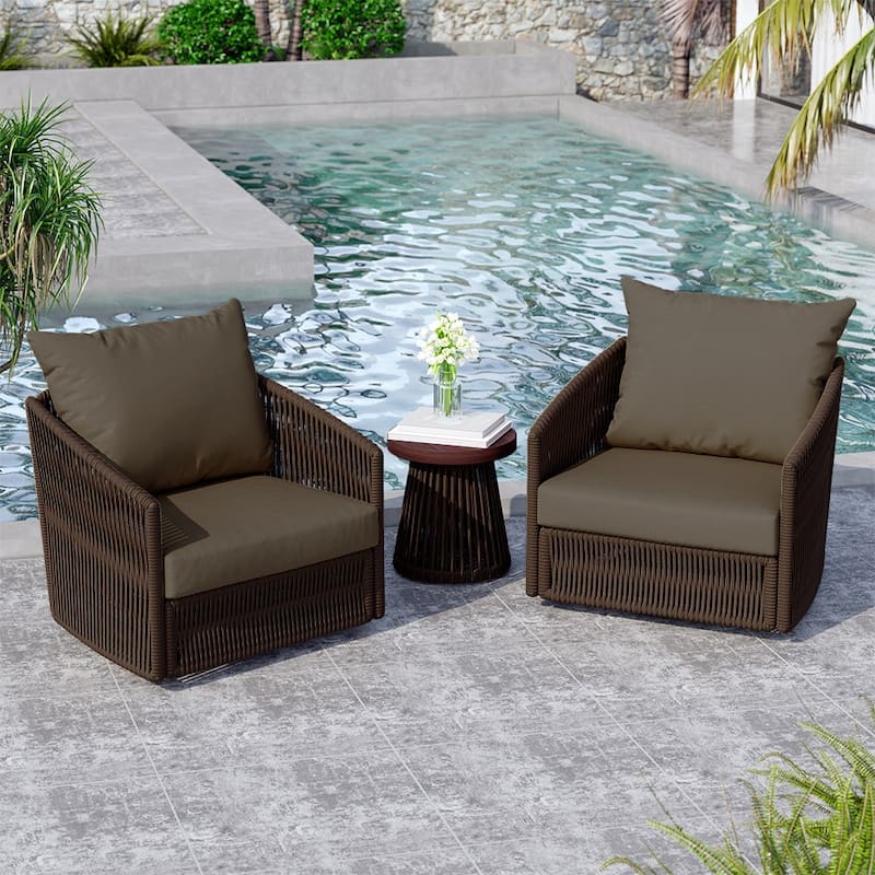3 Piece Patio Woven Rope Swivel Chair Seating Group with Cushions