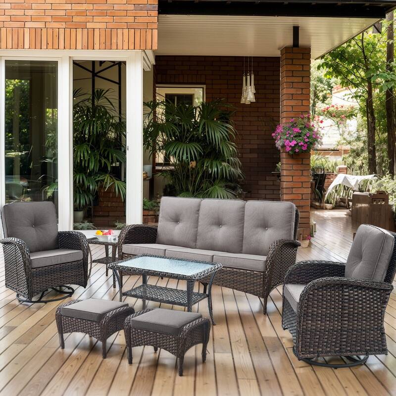 7 Pieces Swivel Chairs Sofa Table Ottomans Brown-Grey - Brown - Brown - Grey