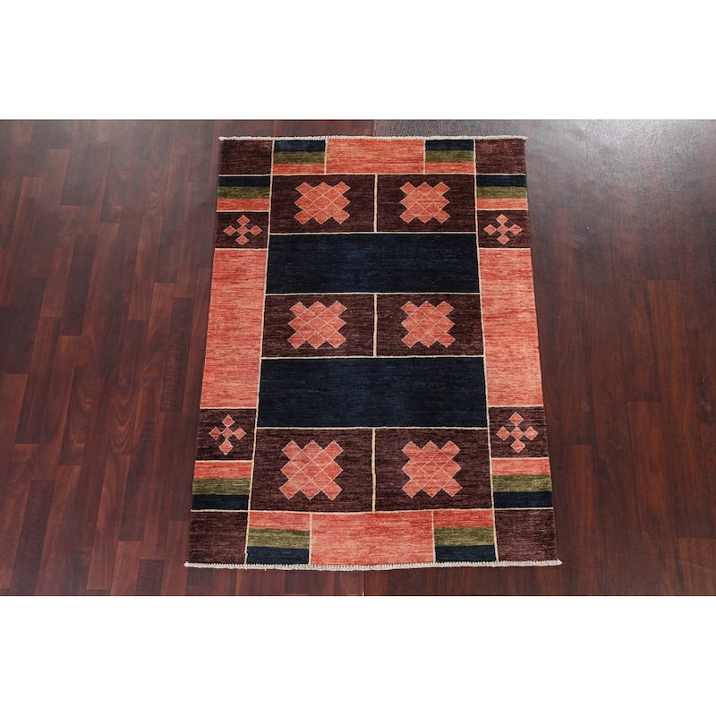 Geometric Gabbeh Kashkoli Oriental Area Rug Hand-knotted Wool Carpet - 4'2" x 5'9"