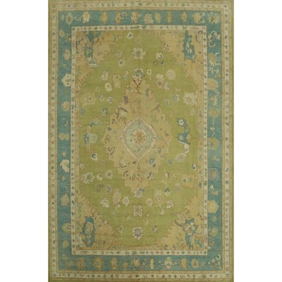 Vegetable Dye Green Oushak Turkish Large Rug, Medallion Geometric Carpet - 14' 1'' X 10' 0''