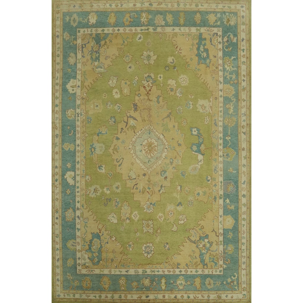 Vegetable Dye Green Oushak Turkish Large Rug, Medallion Geometric Carpet - 14' 1'' X 10' 0''