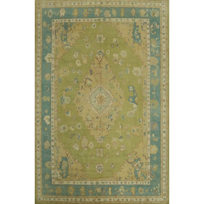 Vegetable Dye Green Oushak Turkish Large Rug, Medallion Geometric Carpet - 14' 1'' X 10' 0''
