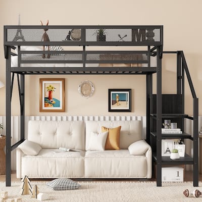 Twin Loft Bed with Stairs, Metal High Loft Bed with Storage Shelves & Wardrobe for Kids Teens