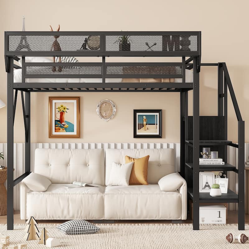 Twin Size Loft Bed with Stairs, Metal Full Loft Bed with Storage Shelves, High Loft Bed with Wardrobe for Kids Teens