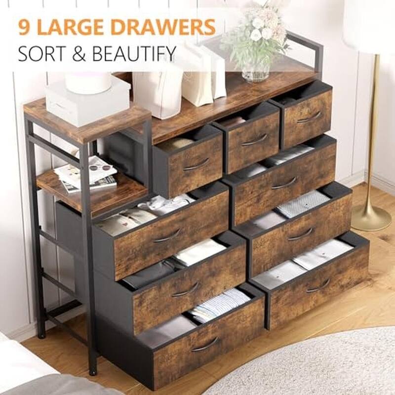 Bedroom Dresser with 9 Drawers Tv Stand with Charging Stand Modern Fabric Chest of Drawers